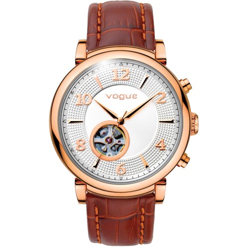 VOGUE Aramis Automatic Rose Gold Brown Leather Strap 550621